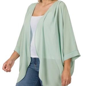 PLUS LIGHT GREEN WOVEN CHIFFON CARDIGAN WITH SHOULDER PLEAT